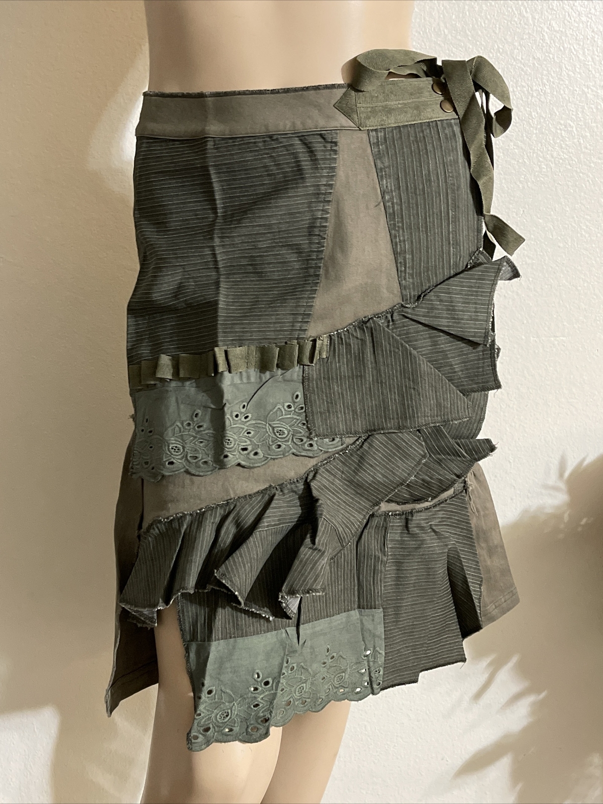 Women’s Forest Green Striped Cotton Casual Asymmetric Button Zipper Size S Skirt