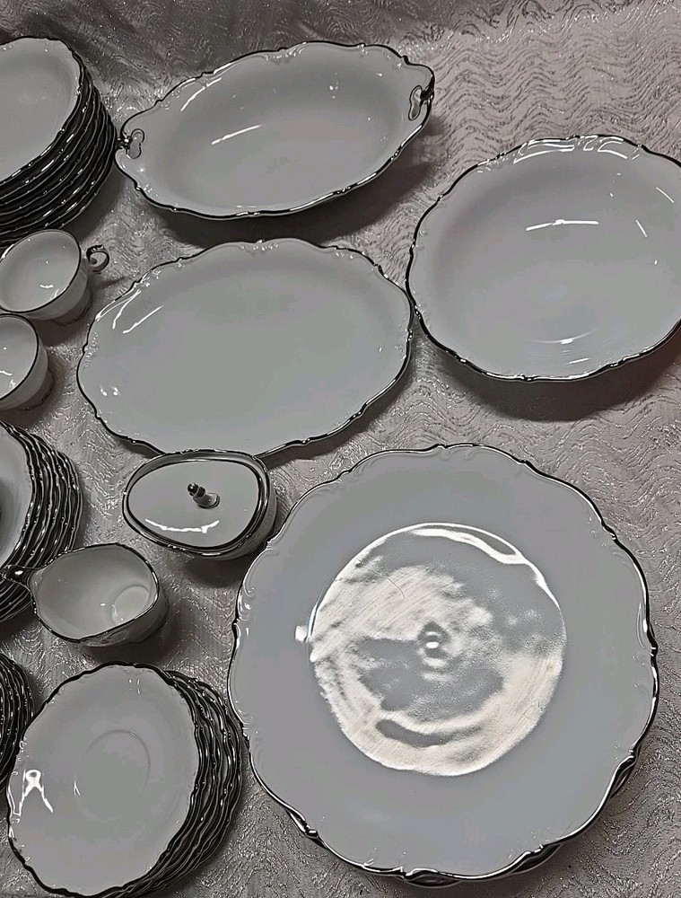 53 Pc Bavaria Tirschenreuth Silver Scroll Scalloped Dinnerware Set Pasco White
