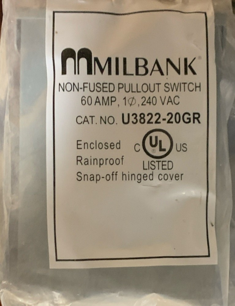 Milbank U3822 60A 240V Rainproof Pullout Disconnector Switch Type 3R