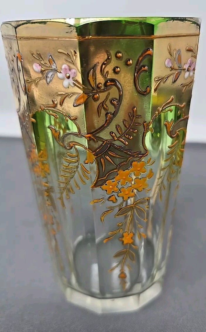 Moser Gilt Clear to Green Glass Handled Cup Enameled 19th Century