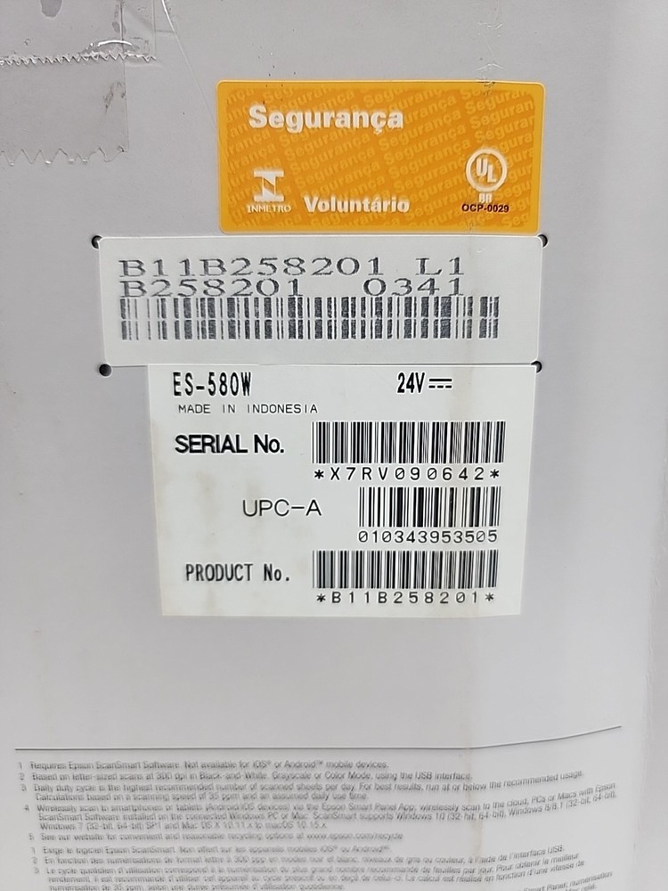 Epson WorkForce ES-580W Wireless Duplex Document Scanner Low Use ~10 Scans Teste