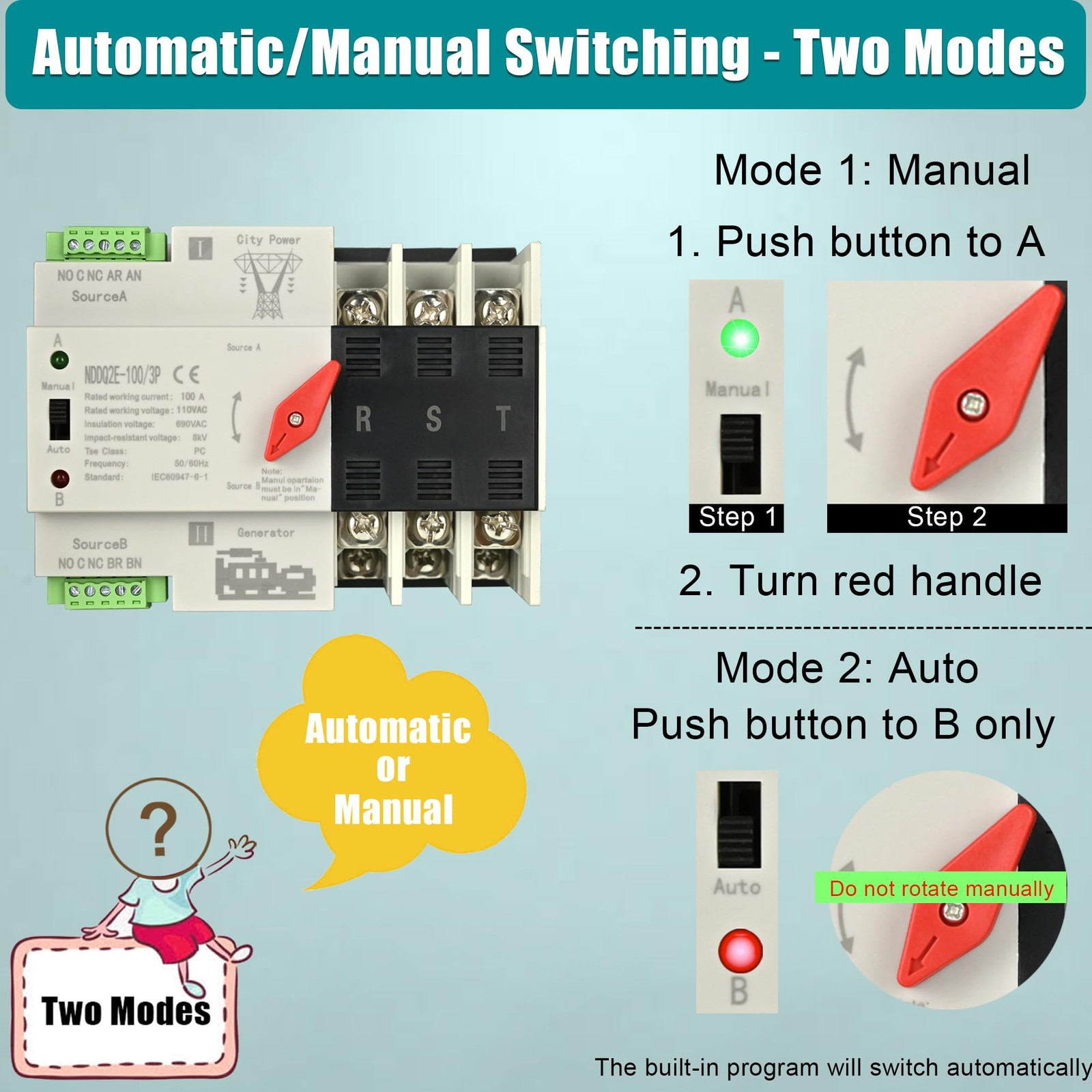 Automatic Transfer Switch, 100 Amp 3 Pole Auto Switch for Home...