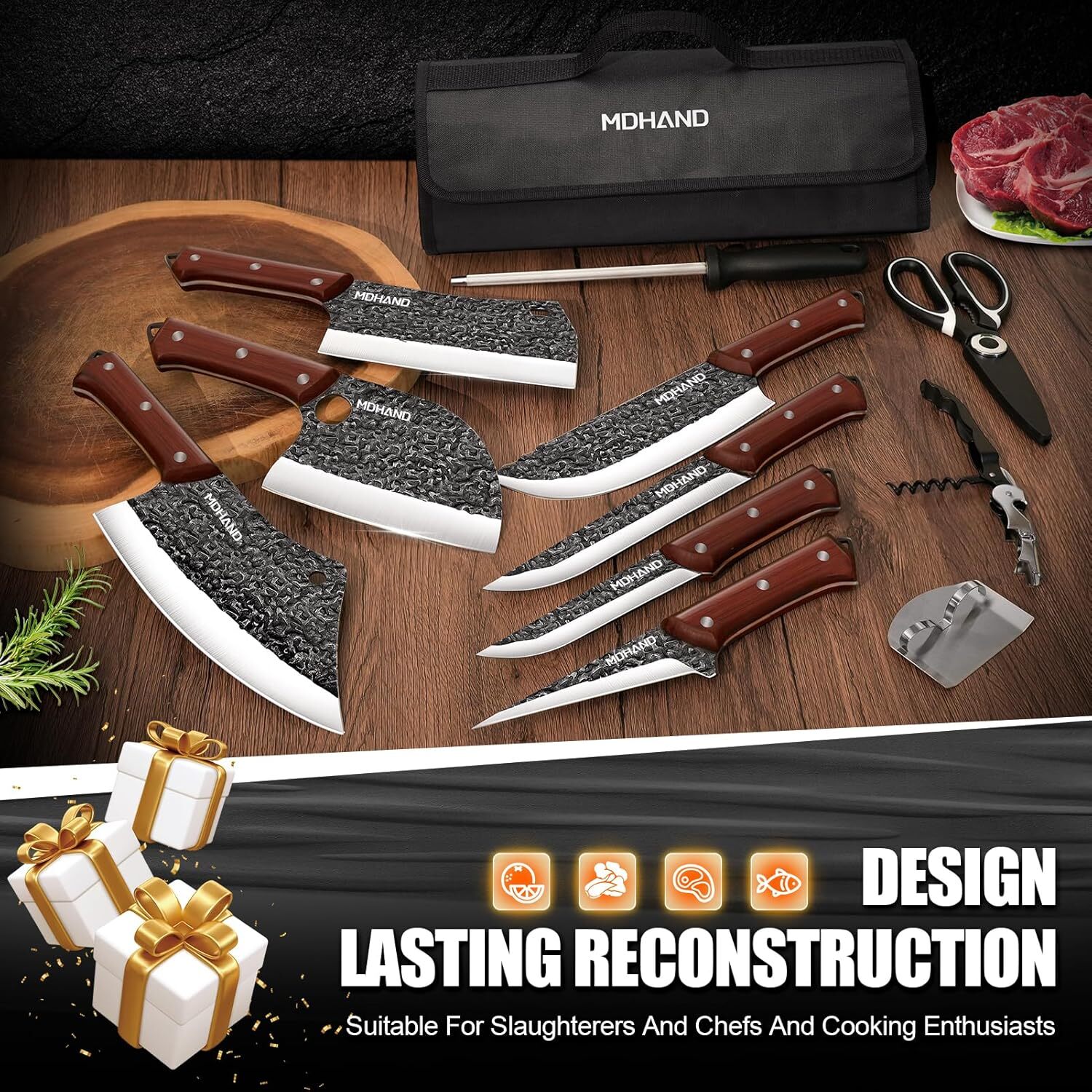 14PCS Butcher Knife Set, Chef Knife Set with Bag Hand Forged Kitchen Knife Set