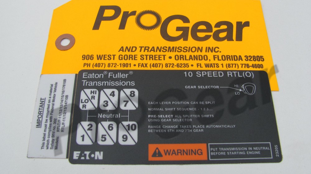 Eaton Fuller SUPER 10 Transmission Shift Pattern label 23205