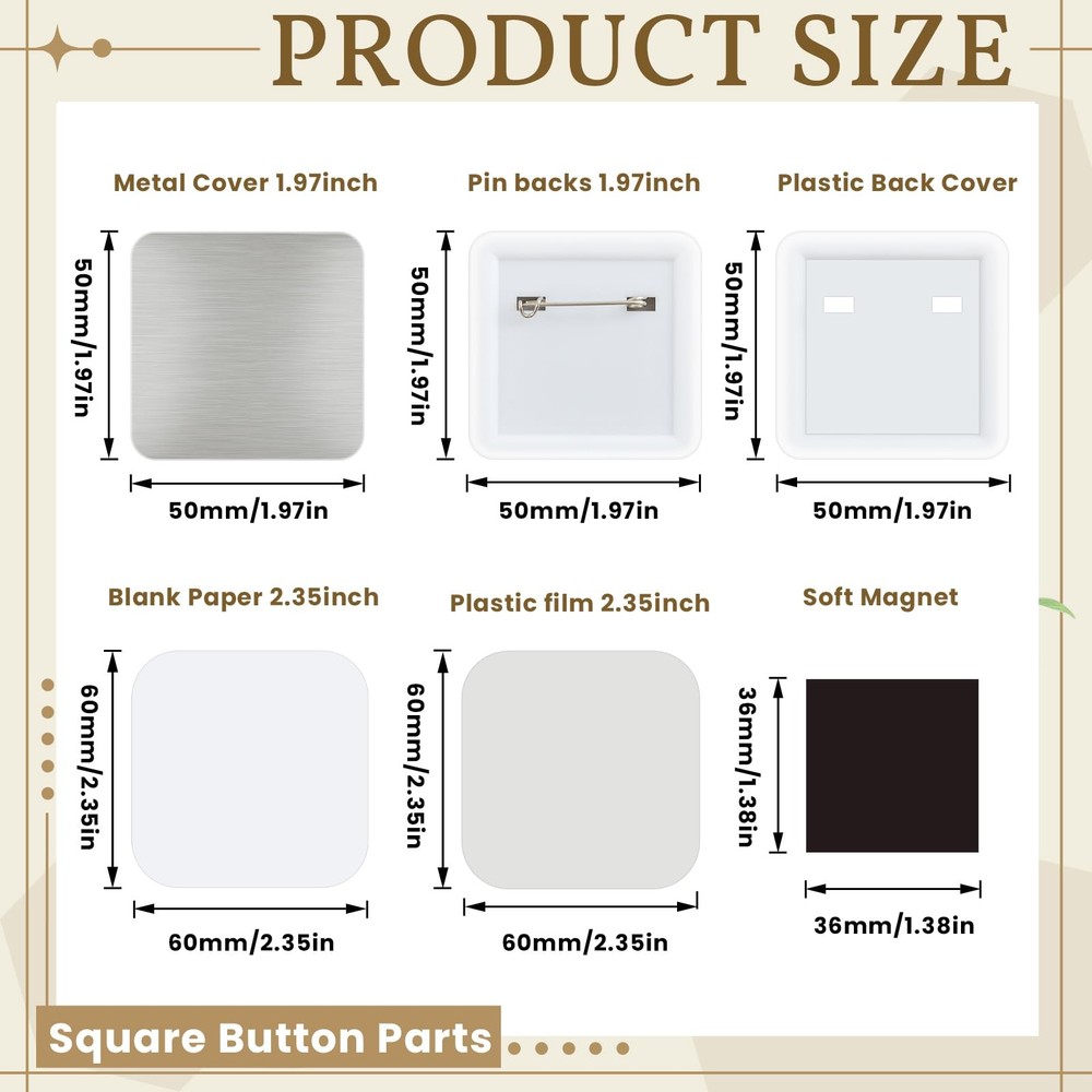 Wavwavw 100 Sets 50mm/1.97 Inch Square Button Maker Square, multicolor