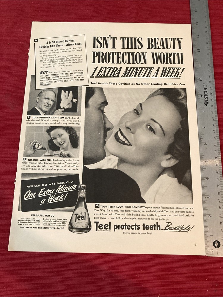 Teel Dentifrice Protects Teeth Beautifully 1940’s Print Ad
