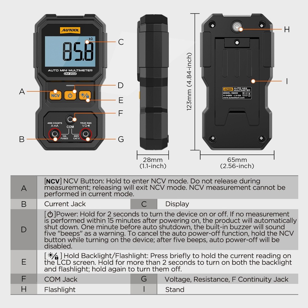 Auto Digital Multimeter Tester AC DC Volt Amp Meter NCV Ohm Current Tester TRMS