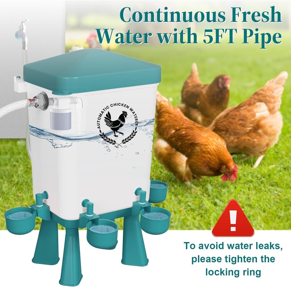 Chicken Waterer, 3 Gallons Automatic Chicken Waterers with 5Ft Pipe, Float Contr
