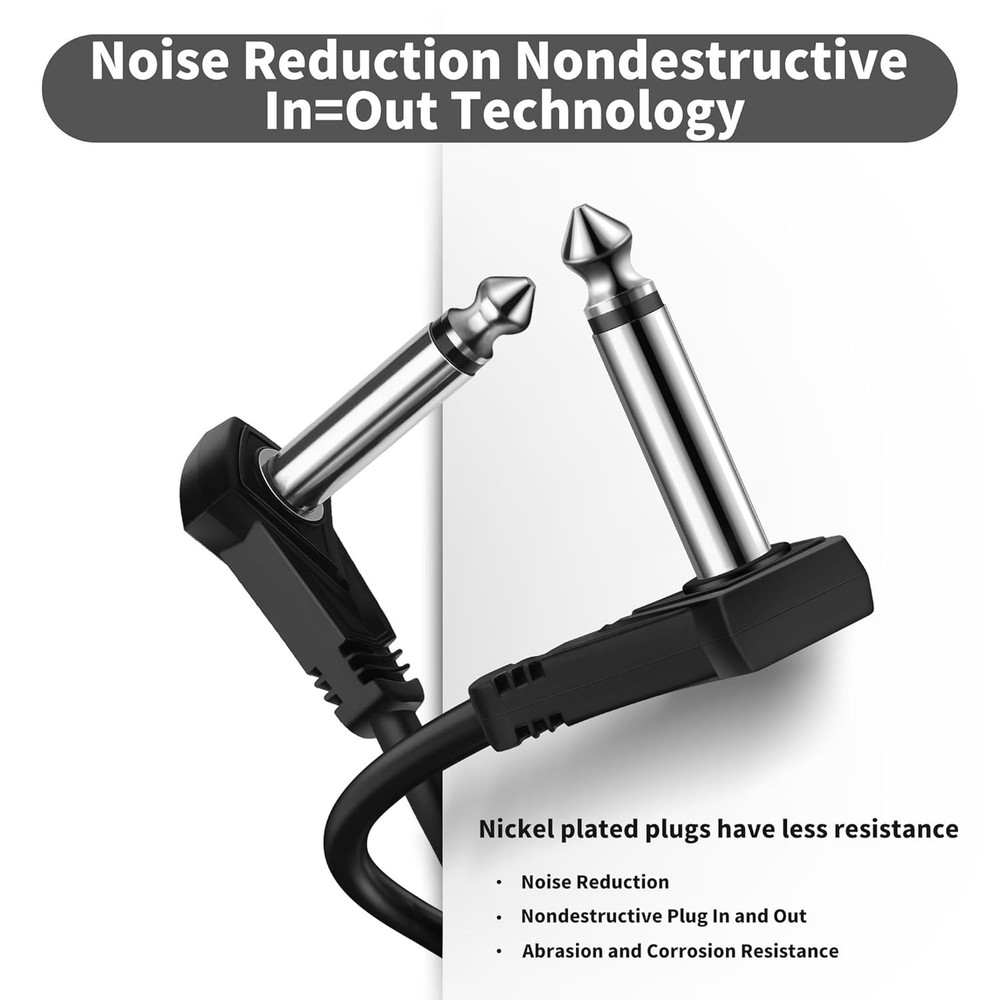 6 Pack 12 Inch Guitar Patch Cables Right Angle 1/4 TS Flat Pedal Effect Cord Bla