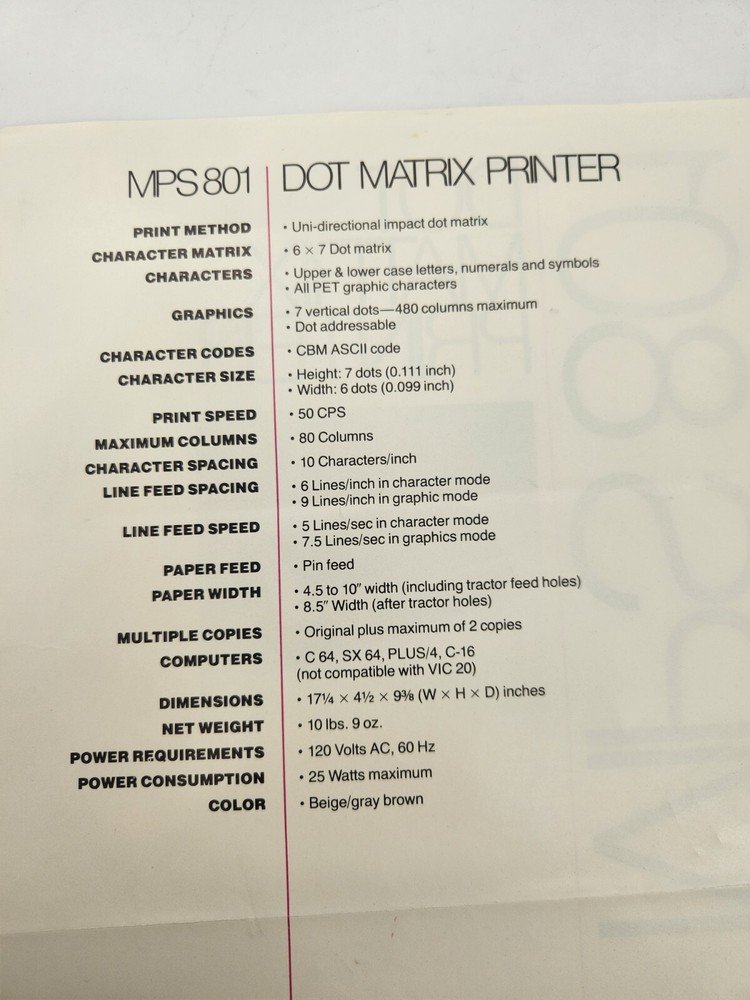 Commodore MPS801 Dot Matrix printer Sales Specifications sheet Vintage ad