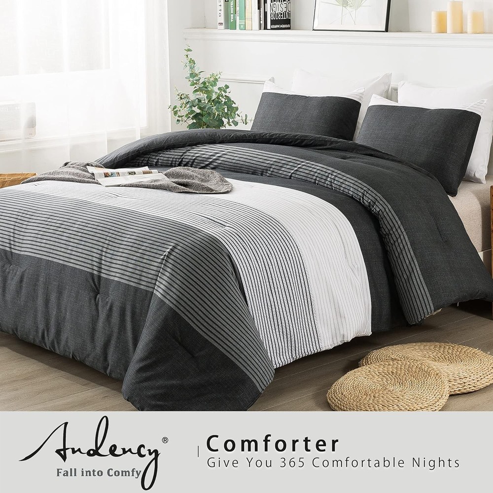 Full Size Comforter Set,3 Pieces Black White Gray Patchwork Striped