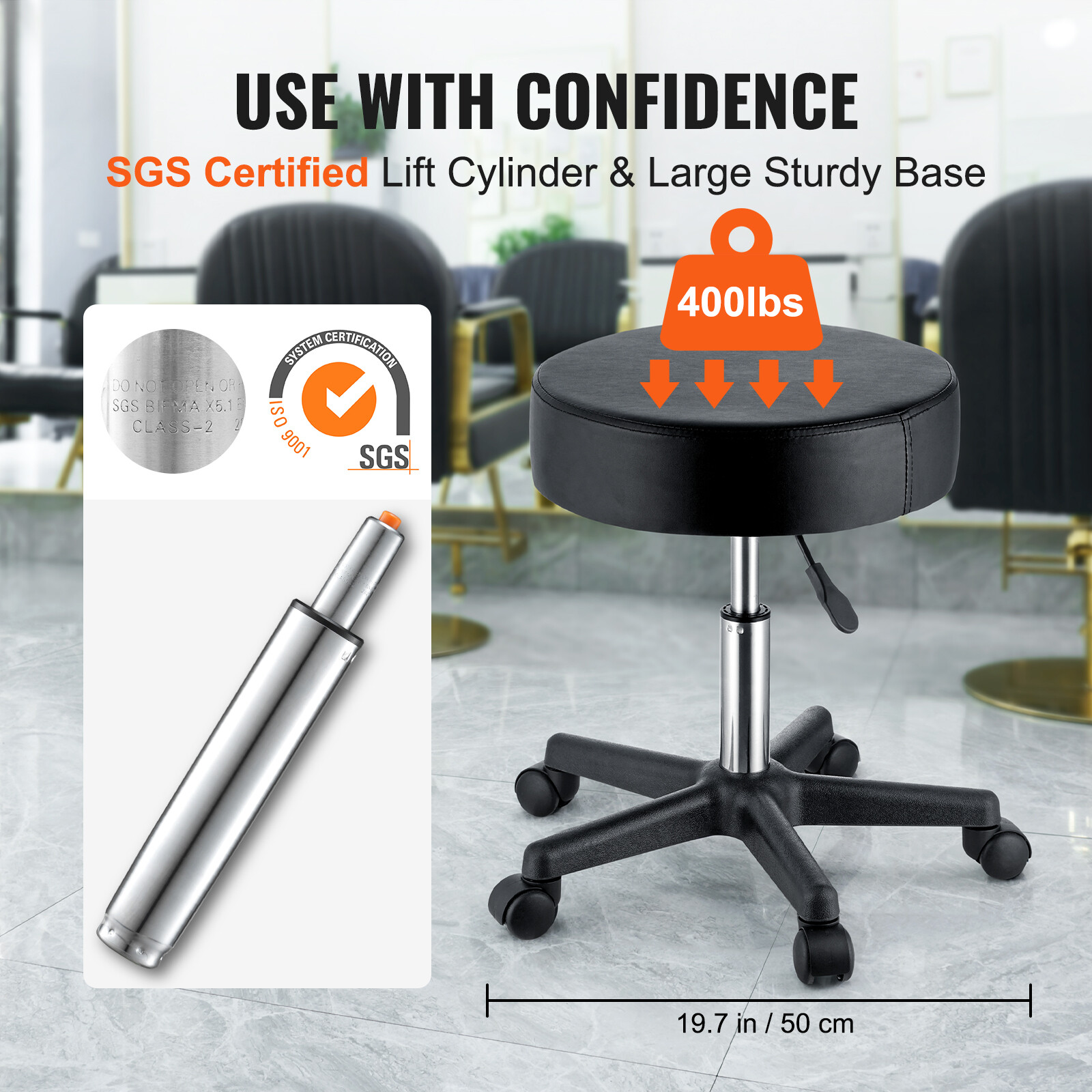 VEVOR Round Rolling Stool Swivel Stool with Wheels PU Leather Height Adjustable