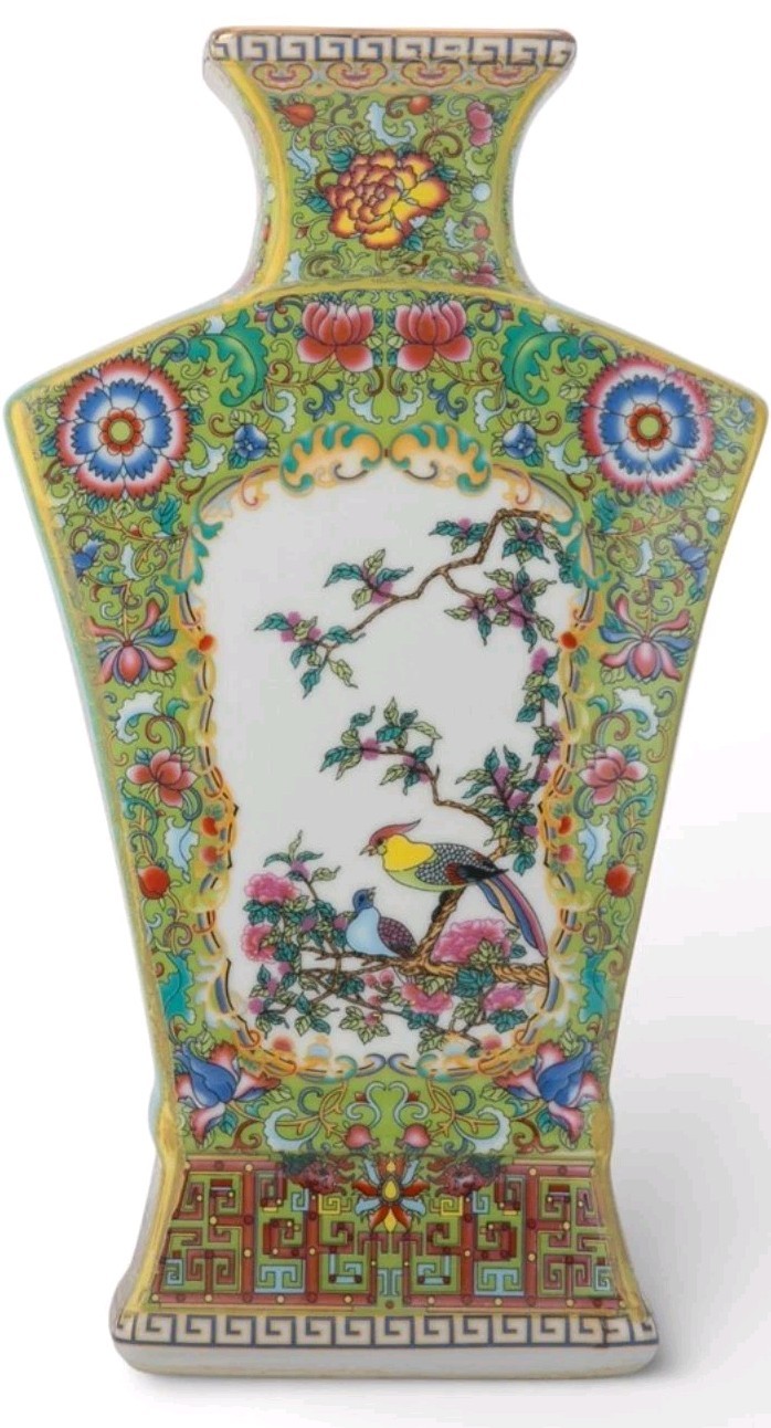 CHINESE GREEN FAN BIRDS FLORAL PORCELAIN PETITE VASE-10.25"H