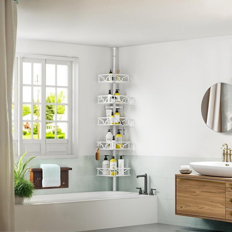 Height Adjustable Corner Tension Pole Shower Caddy 5 Tier Storage Rust Proof New