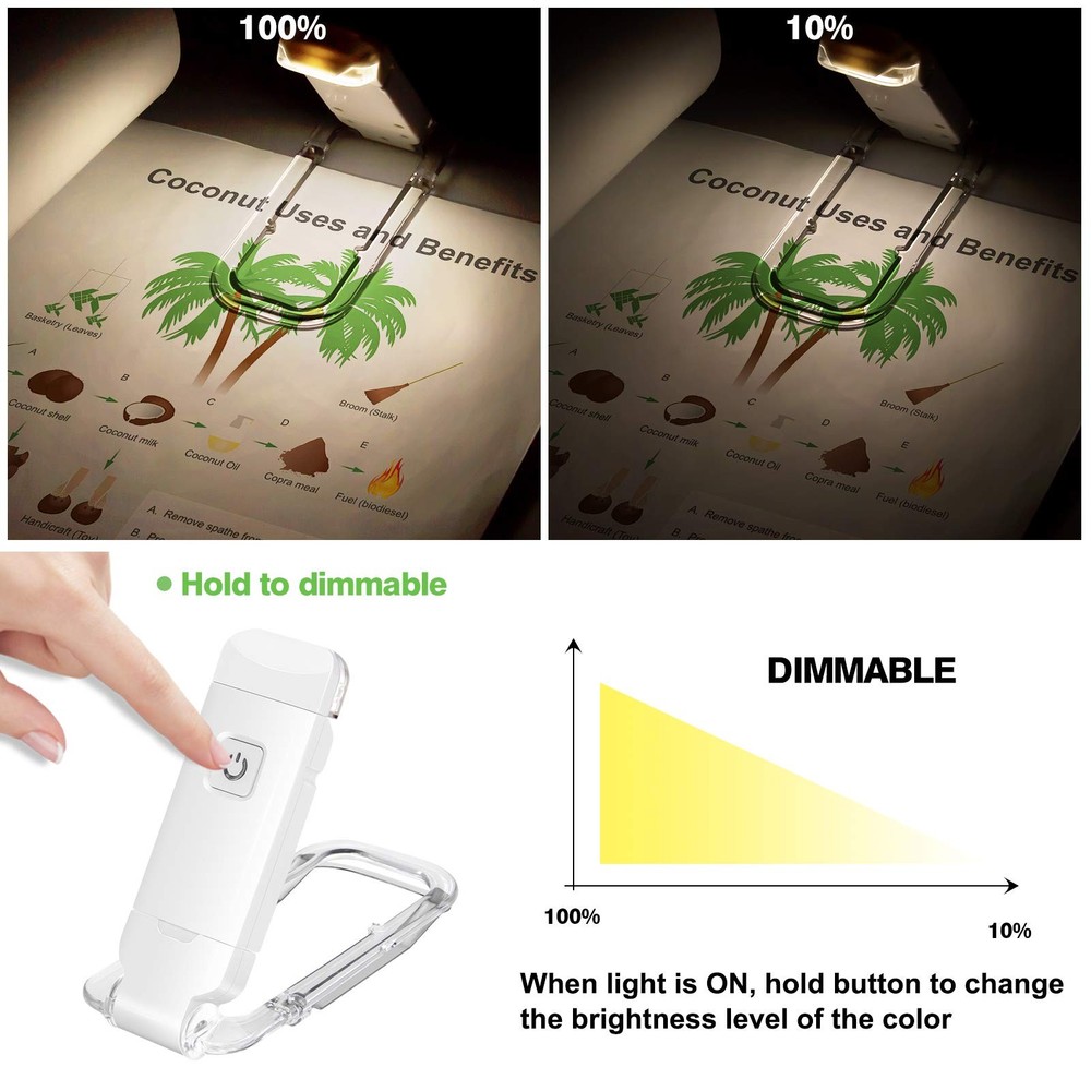 White Book Reading Light, Rechargeable, LED Clip on, Brightness Adjustable
