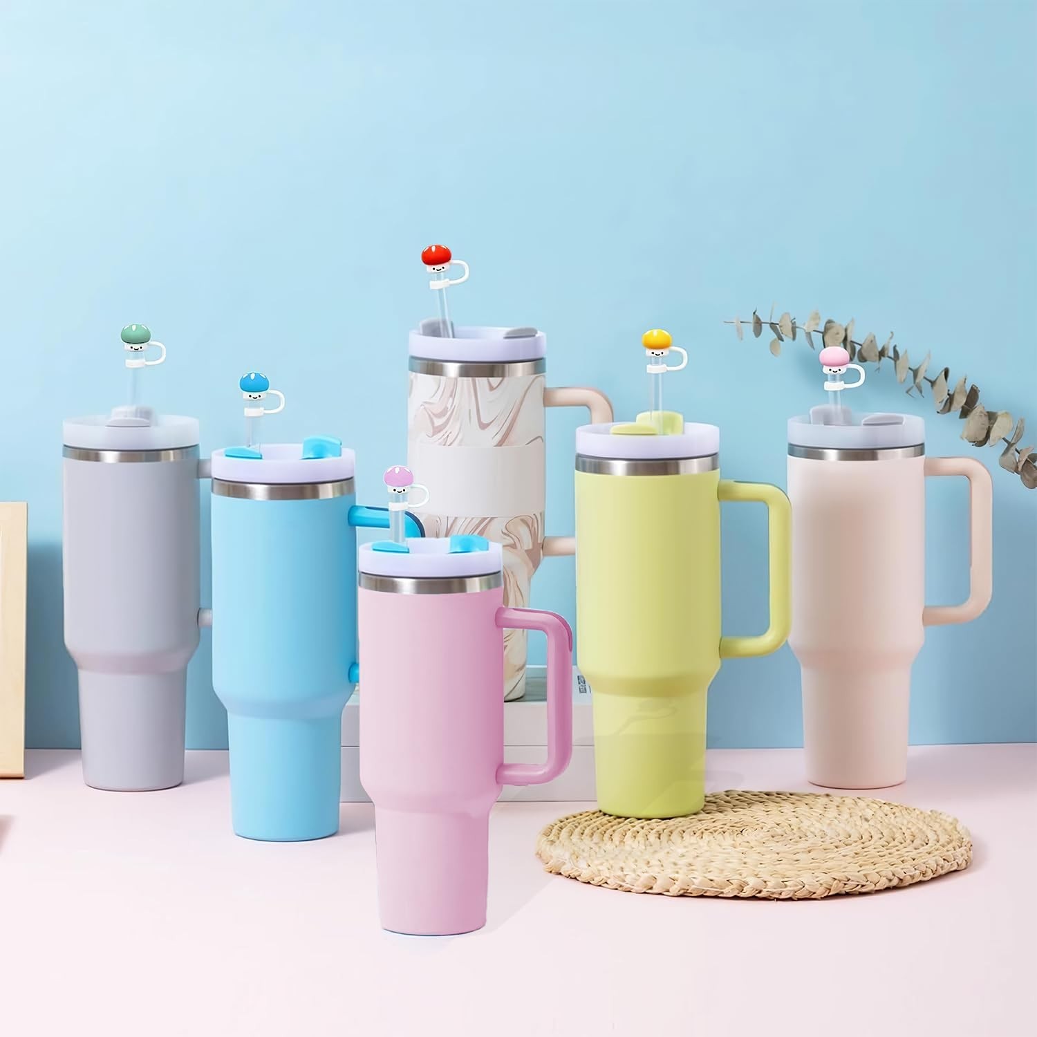 6Pcs Cute Mushroom Straw Covers Cap Compatible with Stanley Cup 30 40 oz, Smi...