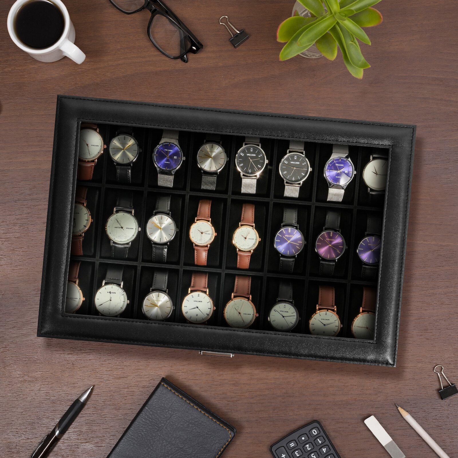 24 Slots Watch Case Box PU Leather Glass Lid Jewelry Organizer Display Case Gift