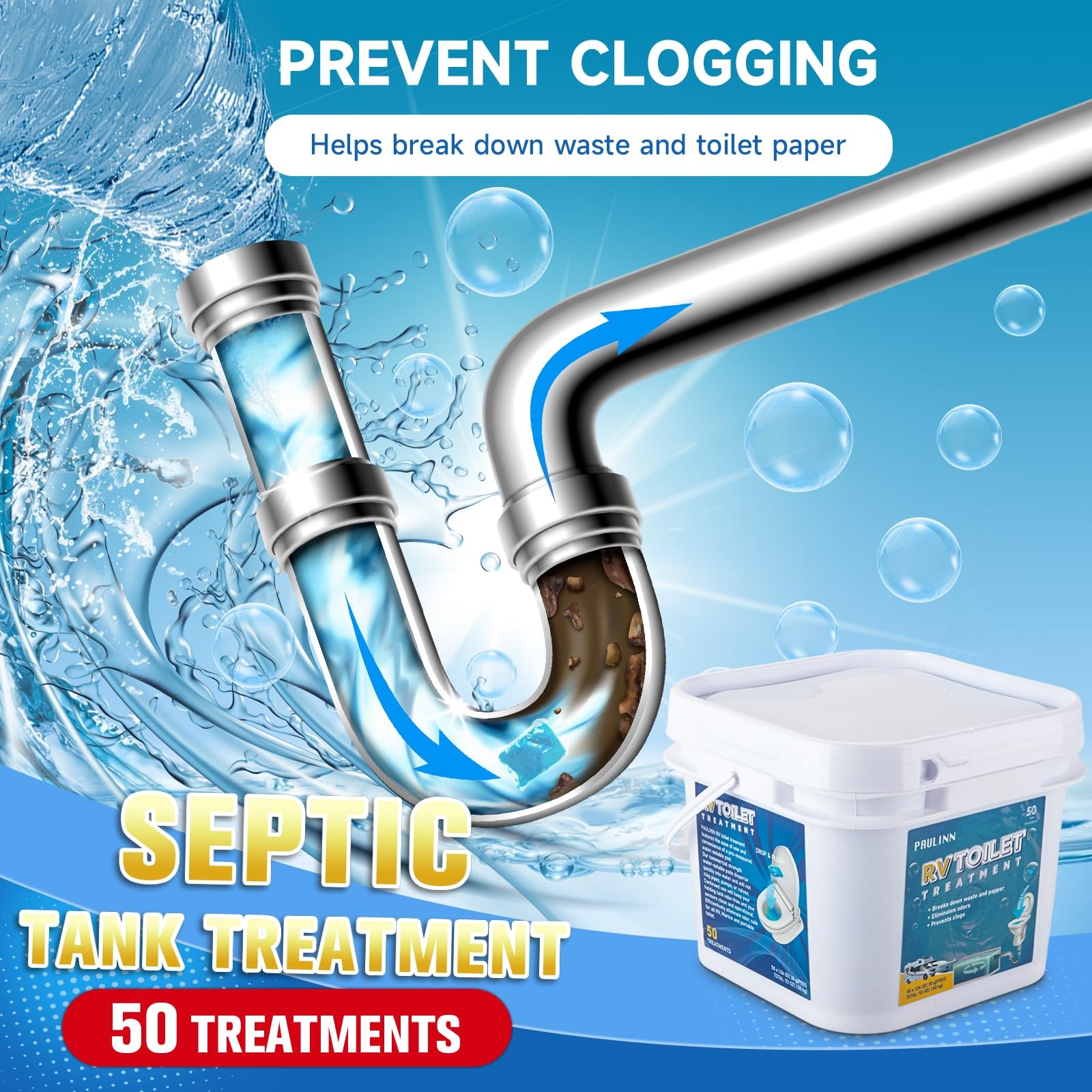 RV Toilet Treatment Pods 50 Pack Deodorizer for Black & Grey Water Tank