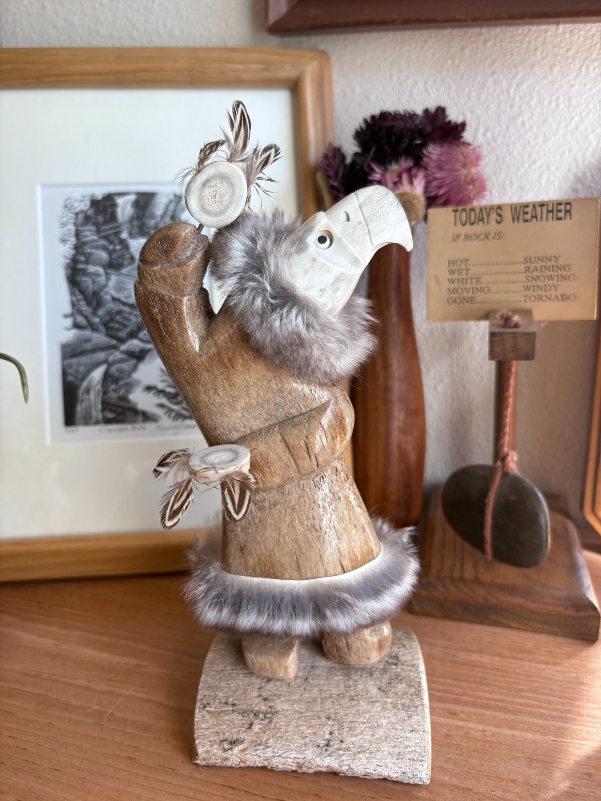 Vukson Signed Handmade Moose Antler?, Fur + Stone Inuit Eskimo Eagle Sculpture