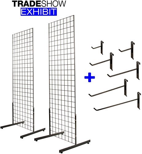 2' x 6' Gridwall Panel Tower with T-Base Display Kit, 2-Pack Black w/ 40 Hooks