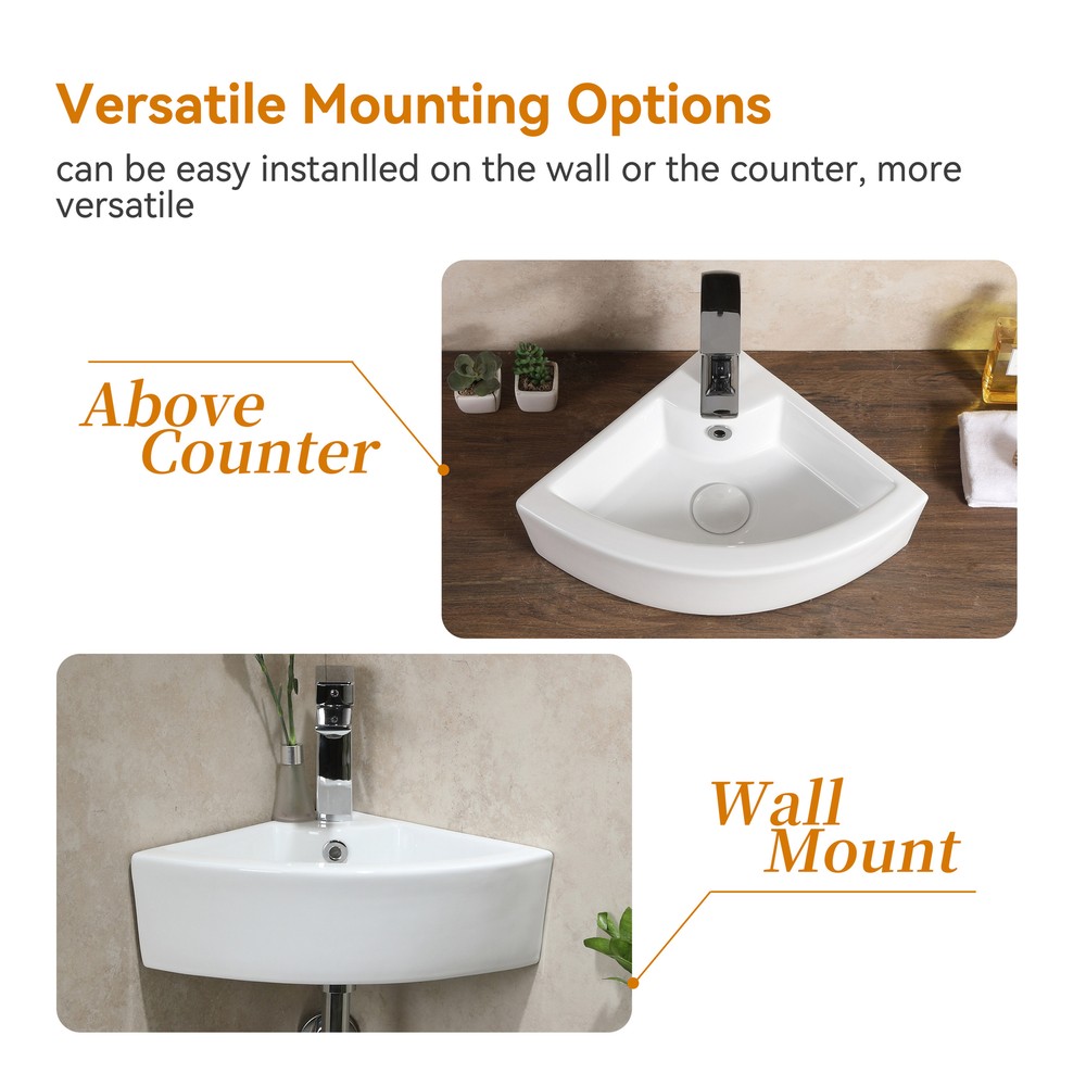 Small Wall Mount Corner Bathroom Sink with Overflow Triangle White Ceramic
