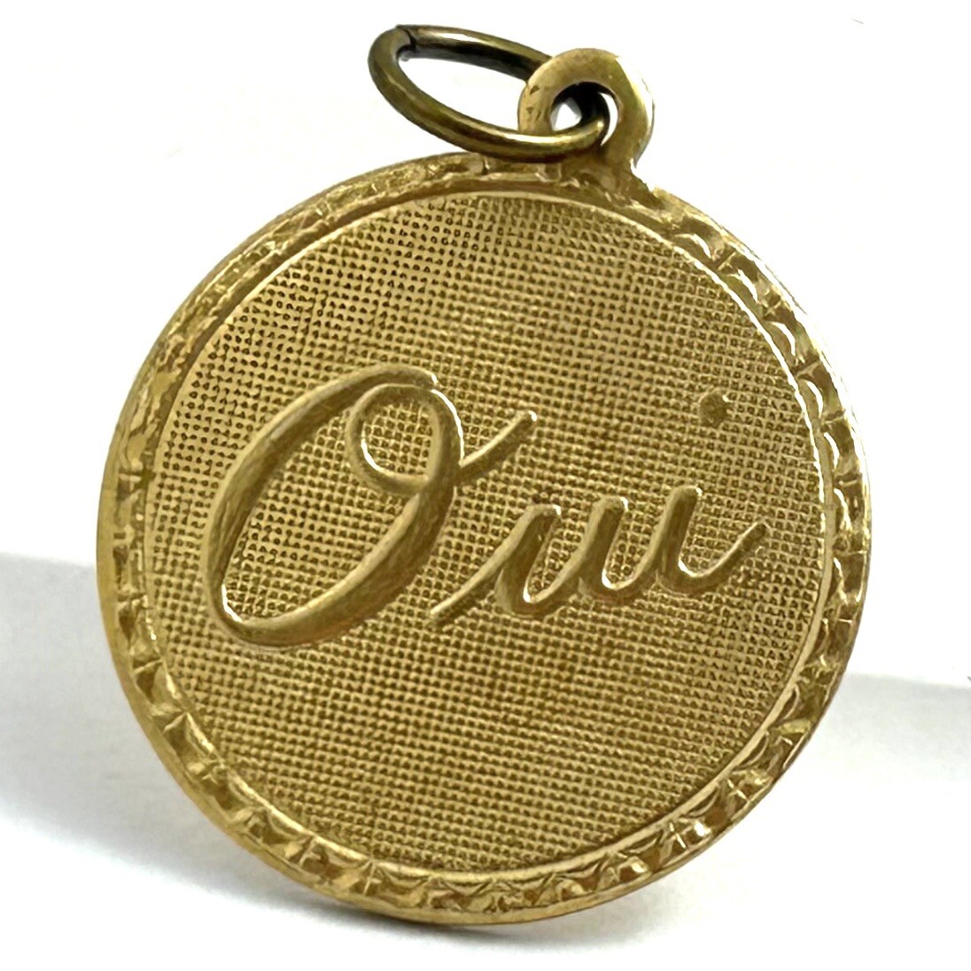 Vintage French Oui Charm Yes Necklace Pendant Brass Metal Jewelry
