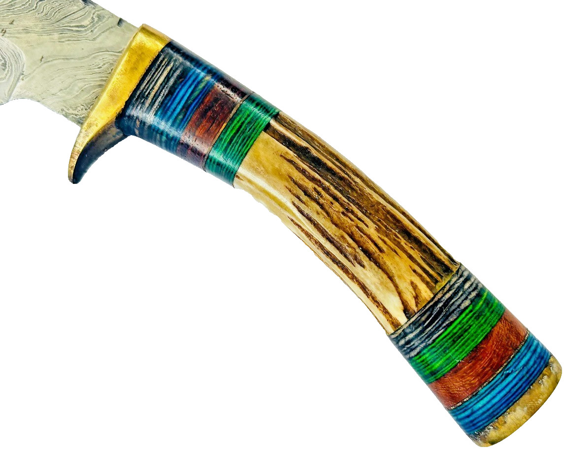 Vintage Stag Handle Fixed Blade Knife Damascus Blade Knives & Leather Sheath