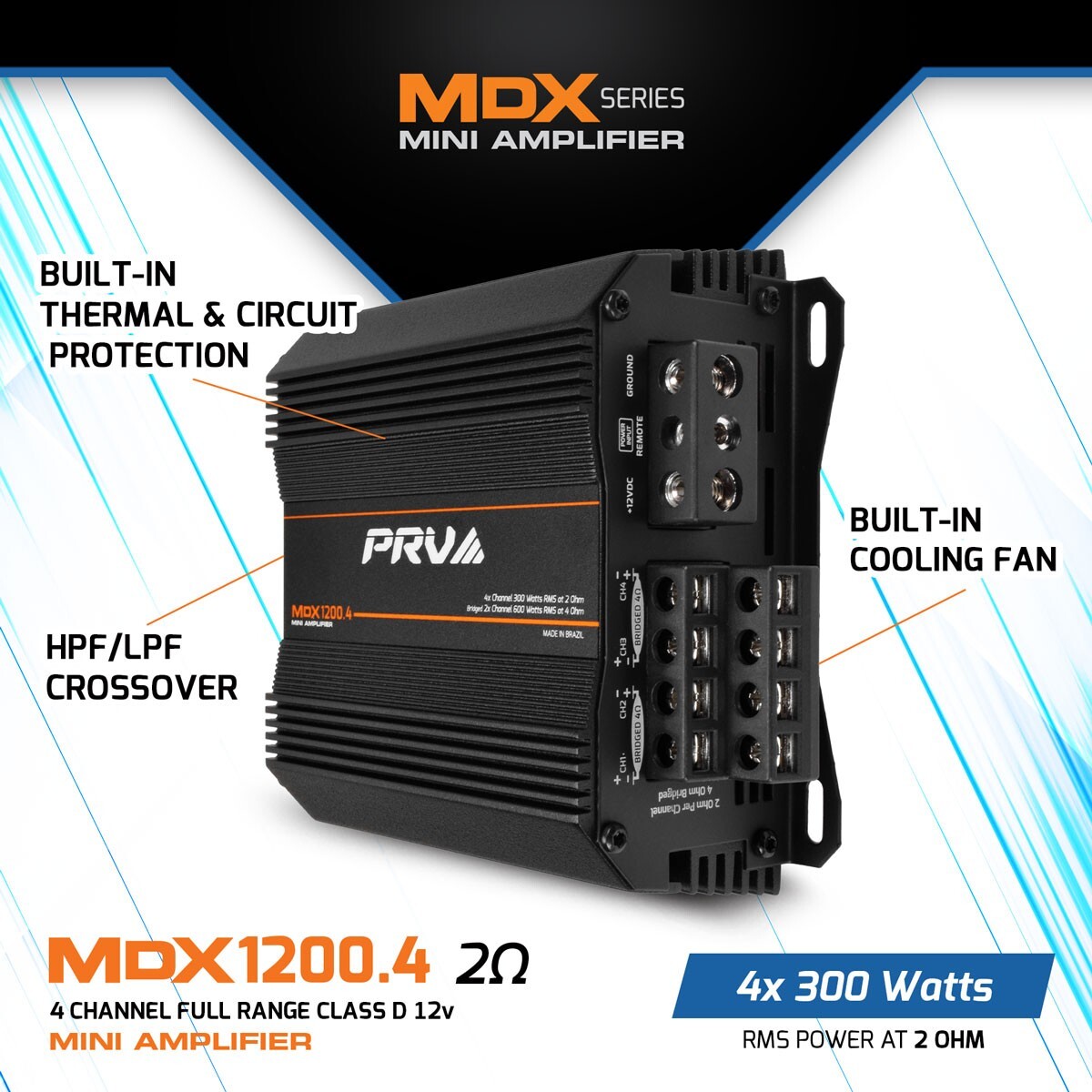 PRV MDX1200.4 2 Ohm Mini 4 Channel Amp 4x 300 Watts Compact Car Audio Amplifier