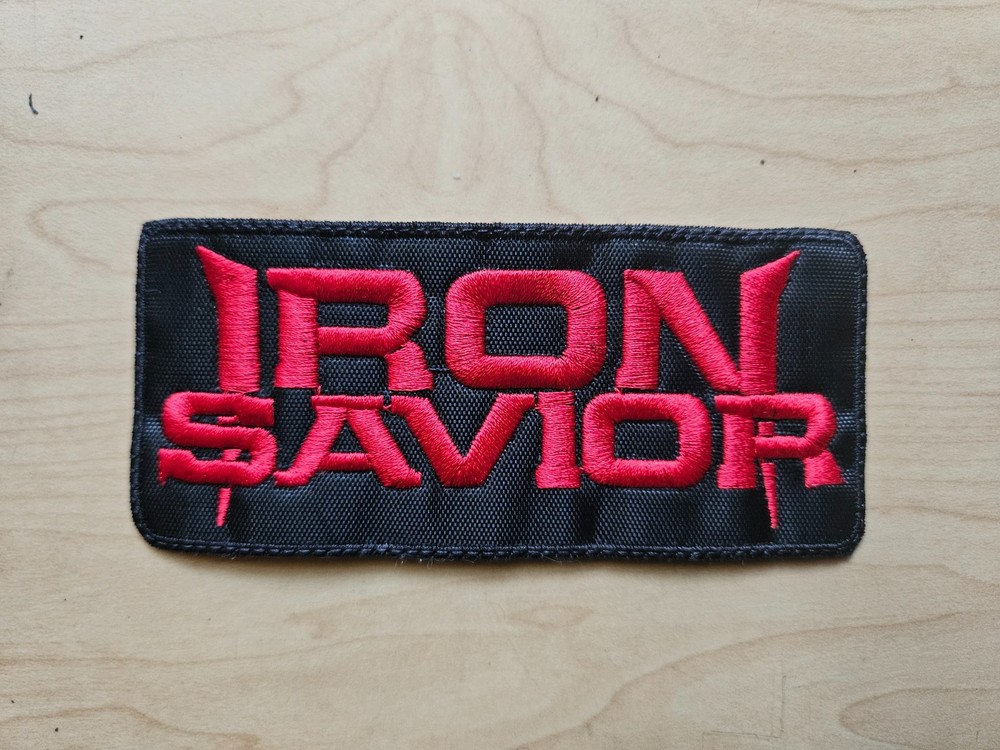 IRON SAVIOR, SEW ON RED EMBROIDERED PATCH