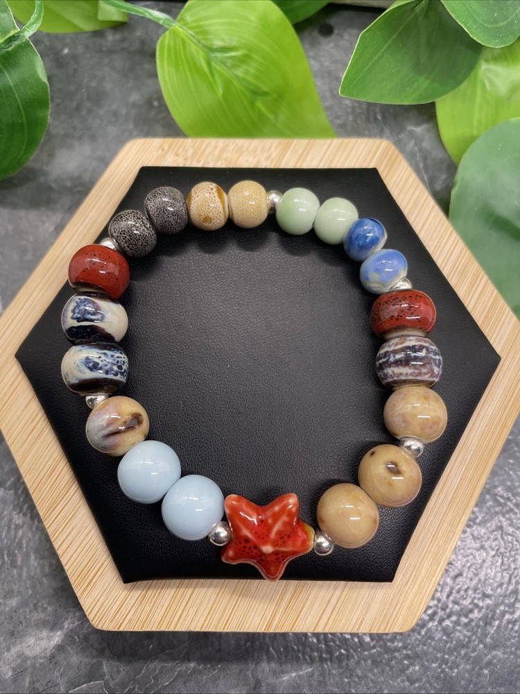 Handmade Ceramic Bead Beaded Stackable 7” Plus Stretch Bracelet New B209