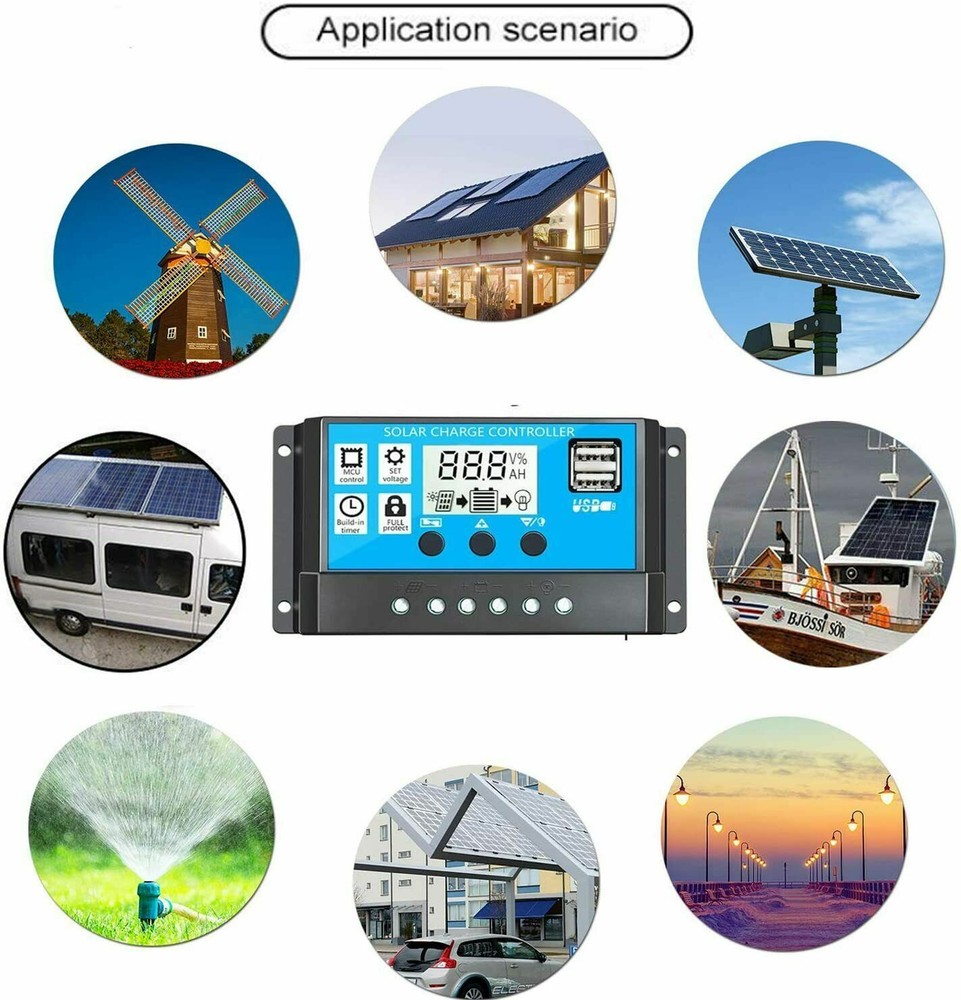 Solar Panel Battery Charge 30A 20A 10A Controller 12V/24V LCD Regulator Dual USB