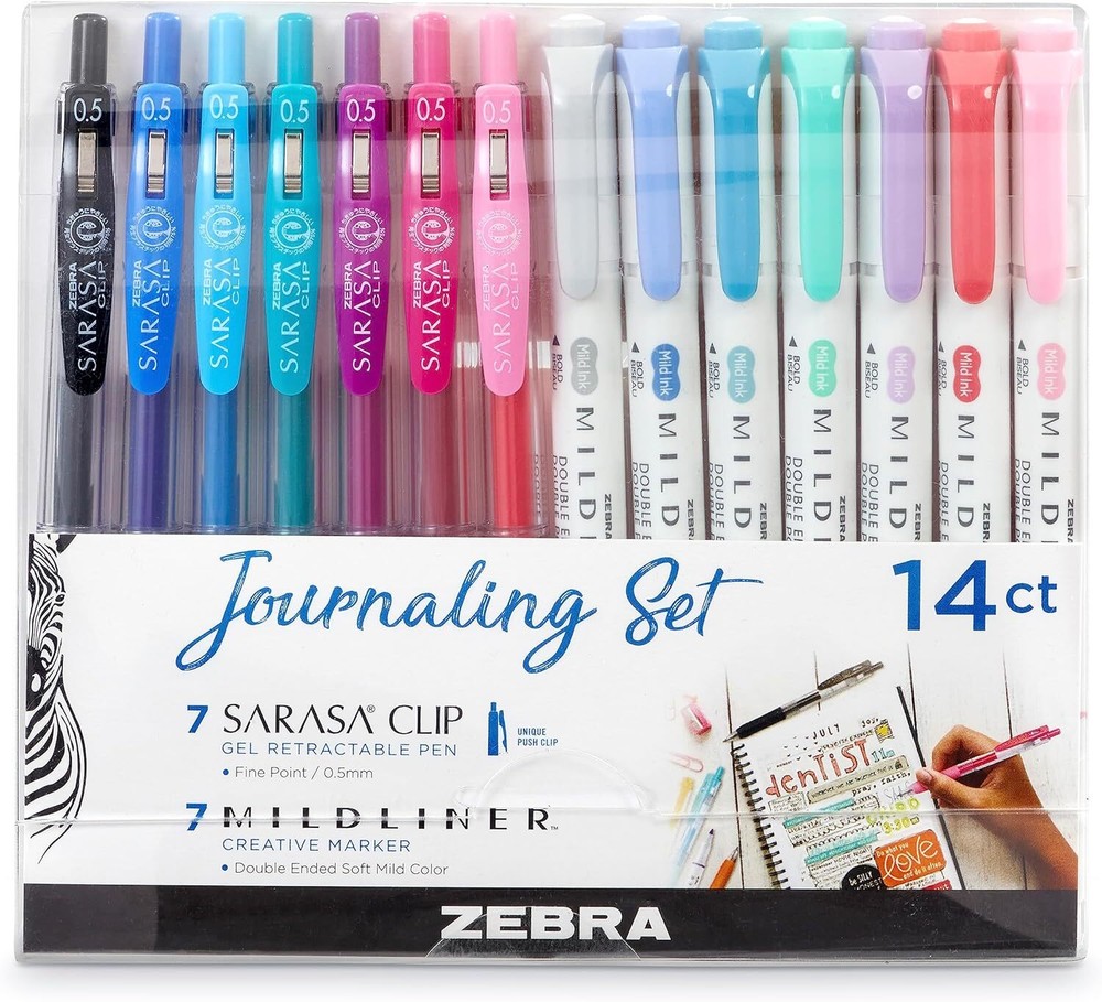 Zebra Journaling Set Gel Ink Pens, Assorted Colors, 14 Pack