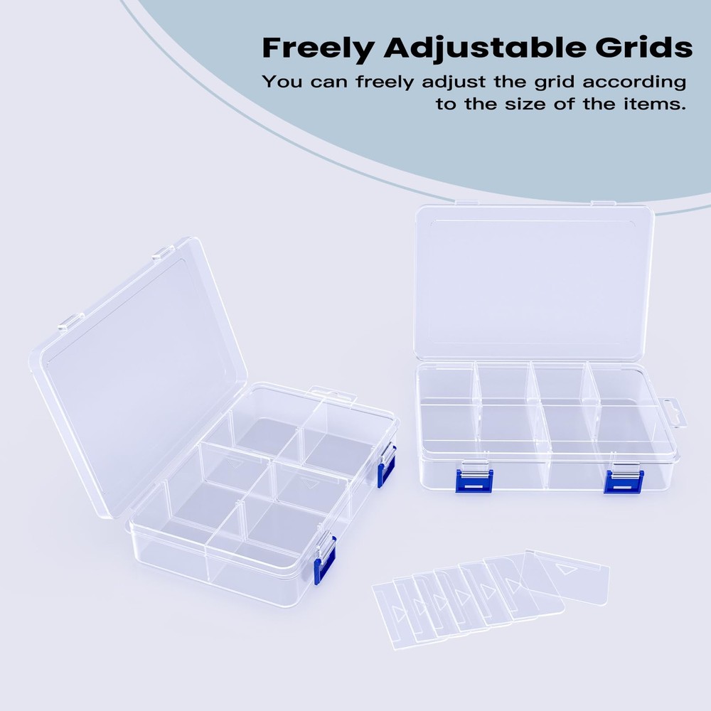 2 Pcs 8 Grids Clear Plastic Storage Box with Adjustable Dividers, Stackable 8...
