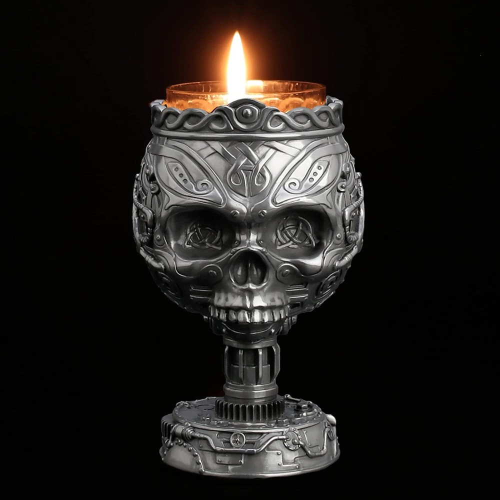 6 3/4" Tall Steampunk Celtic Knot Pattern Skull Stand Voltive Candle Holder