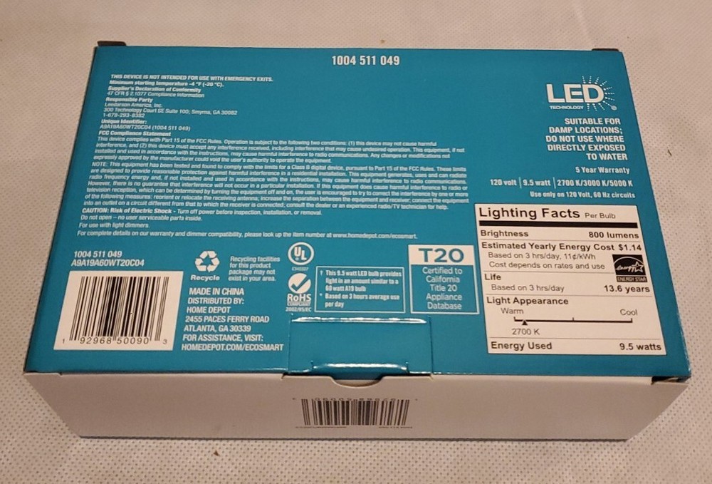 Ecosmart LED 60w Replacement Dimmable Bulb A9A19A60WT20C04 4 Pack E345327
