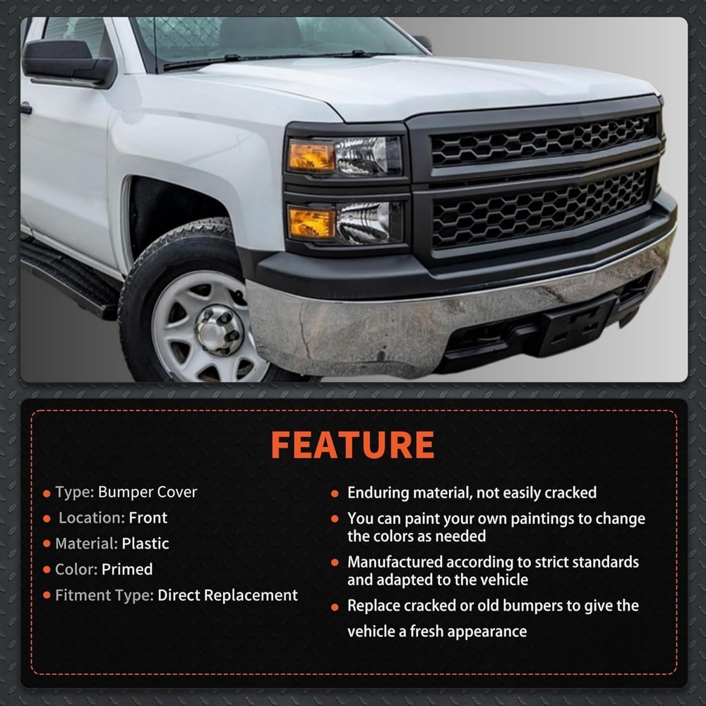 Primed Plastic Front Upper Bumper Cover Replacement for Silverado 1500 2014-2015