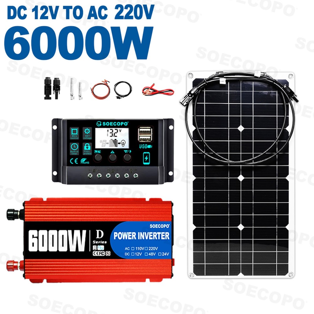 SOECOPO 6000W Solar System Kit Flexible Panel 100A Controller, 12V DC to 110V