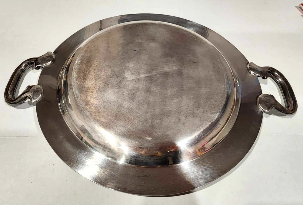 Vintage Serving Tray with Handles- silver plate, circular