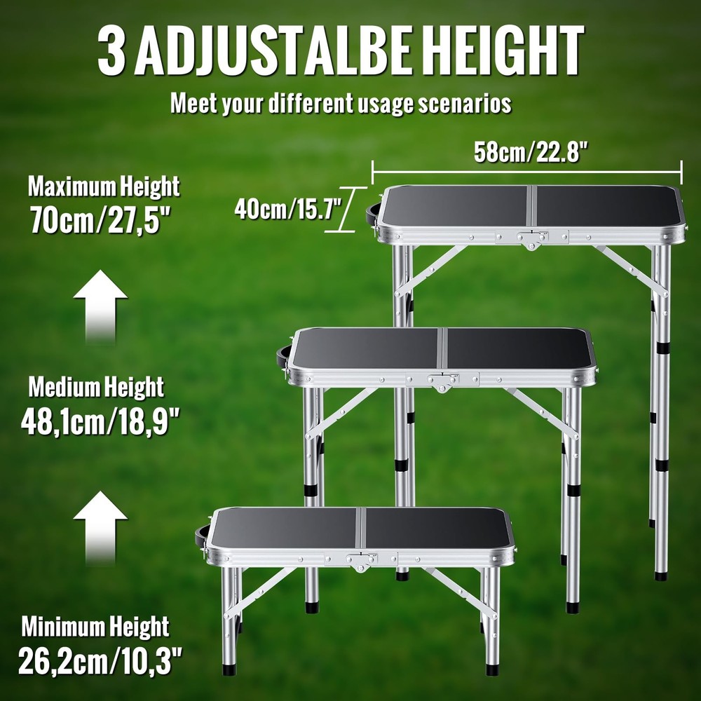 2ft Folding Camping Table, Portable Folding Picnic Table with 3-Height Adjust...