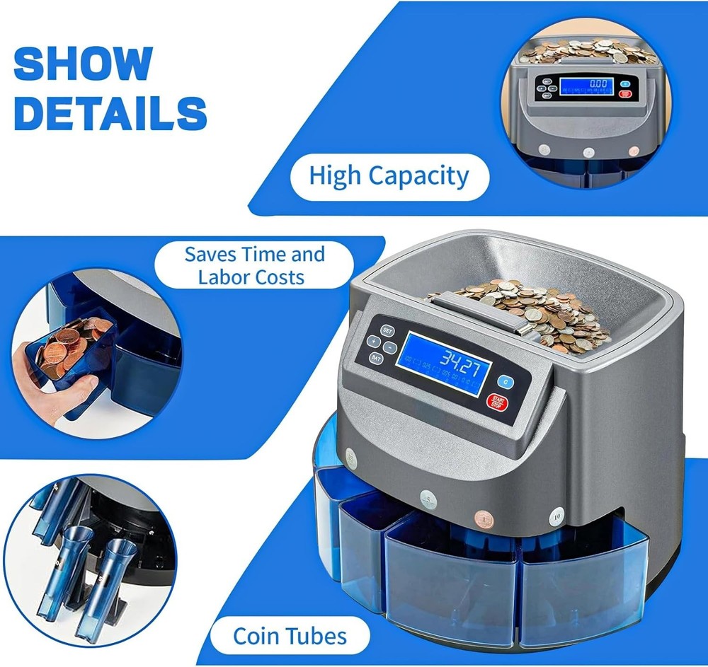 Coin Sorter Machine with LCD Display, 500 Coins Capacity Automatic Coin Sorte...