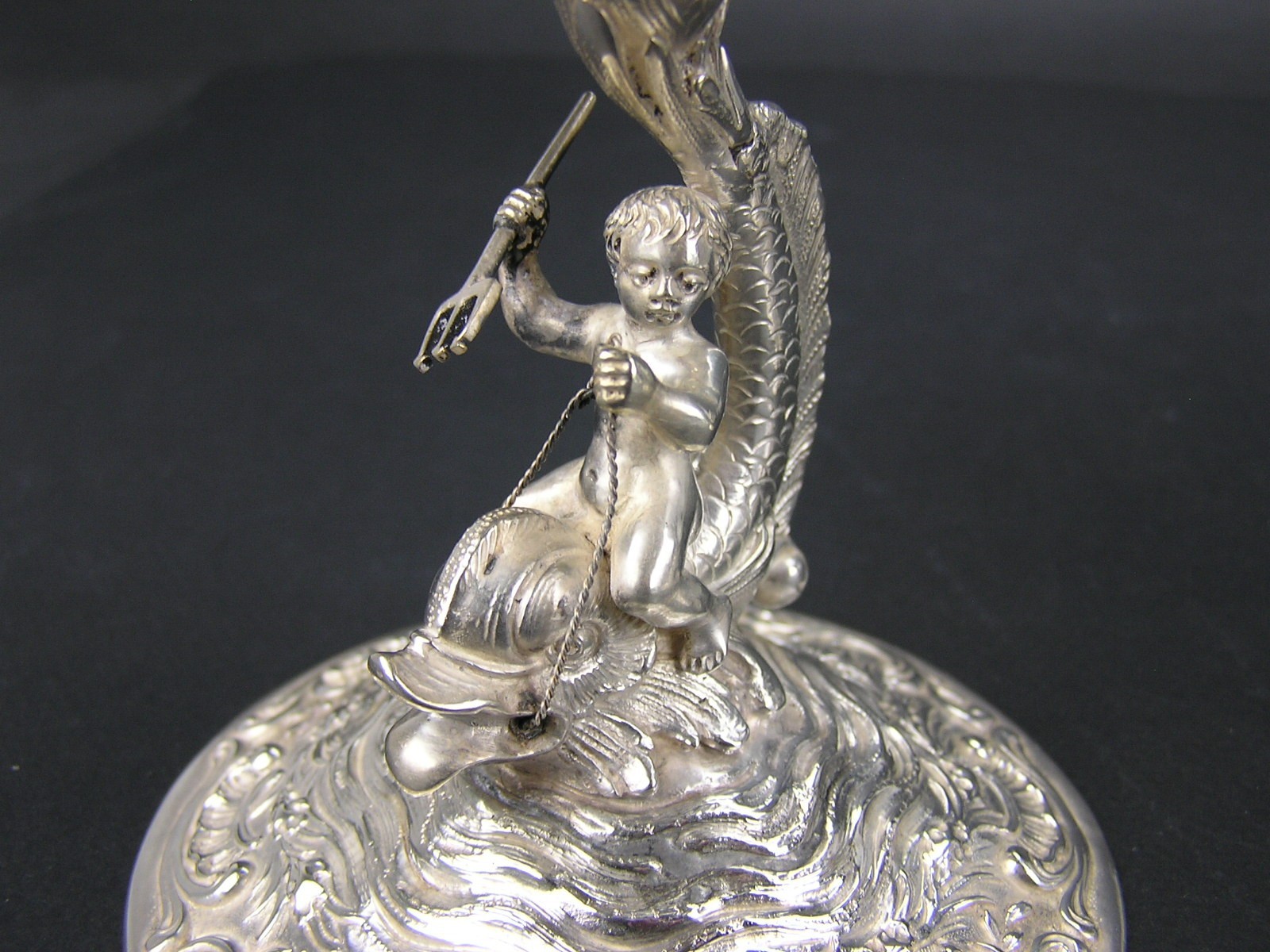 Pair Old 800 Silver German Sweet Meat Compotes Putti Riding Dolphin Hanau 627g