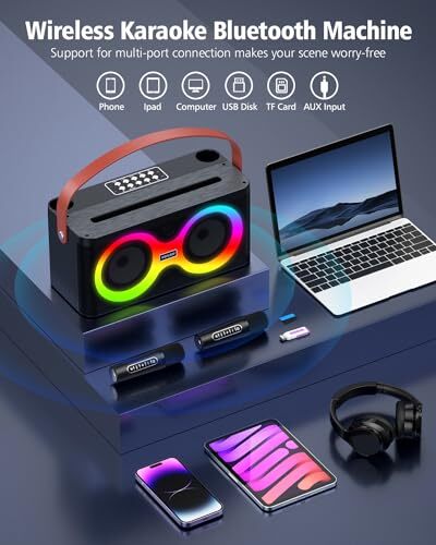 Karaoke Machine, Portable Bluetooth Speaker with 2 Wireless Microphones