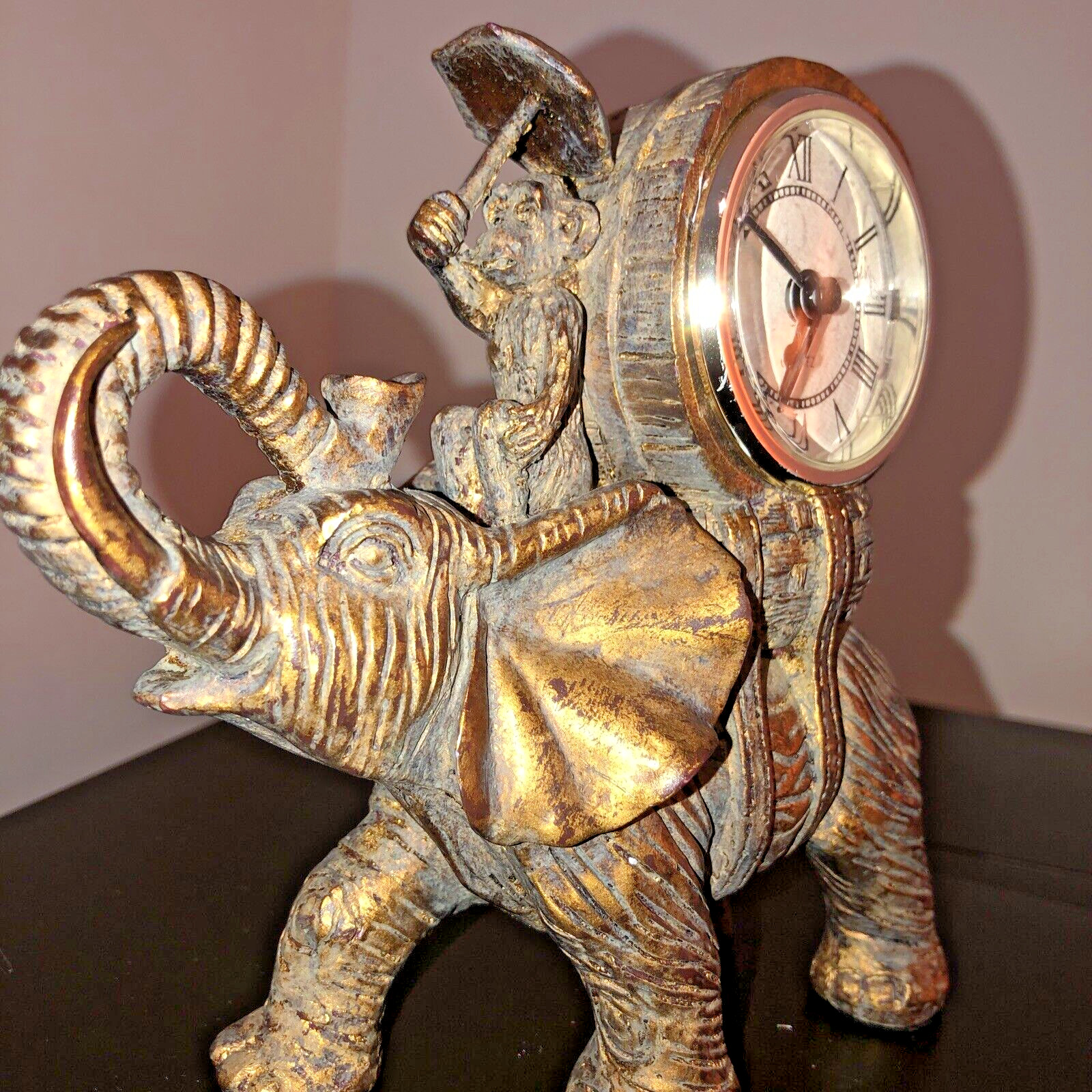 Bronze Style Resin Elephant Riding Monkey Mantle Quartz (Clock not working) 6"