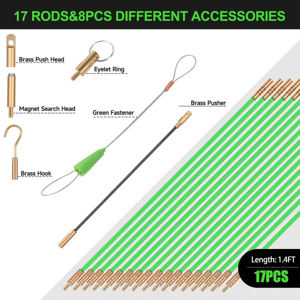 23.8FT Fiberglass Running Electrical Wire Cable Glow Rods Wire Pulling, Fish ...