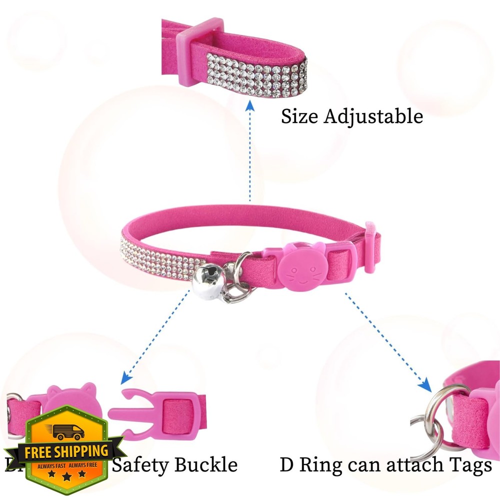 Hotpink Rhinestone Cat Collar, Breakaway, Bell, Adjustable Small Pet