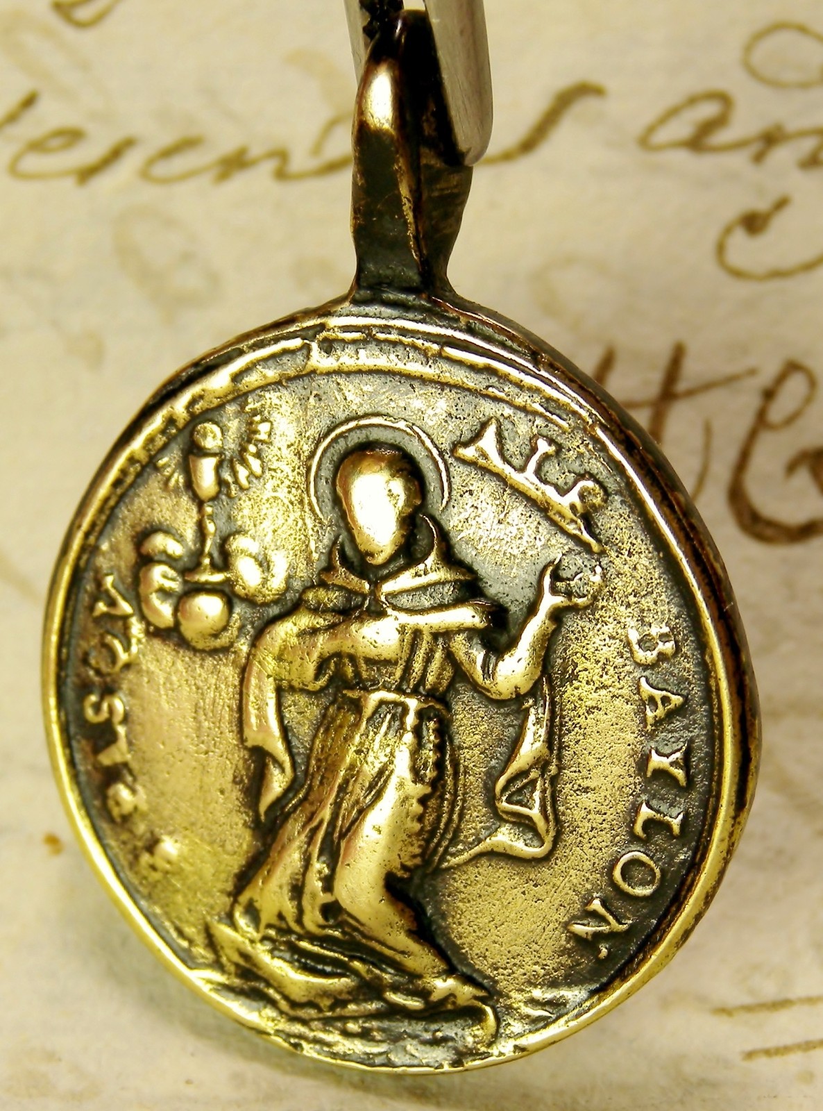 ANTIQUE 18TH CENTURY BRONZE MEDAL ST CLARE OF ASSISI & ST PASCHAL BAYLON