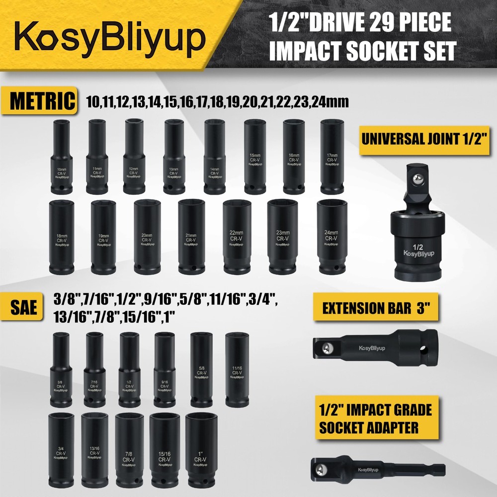 KosyBliyup 1/2" Drive Impact Socket 1/2-inch socket set, Black
