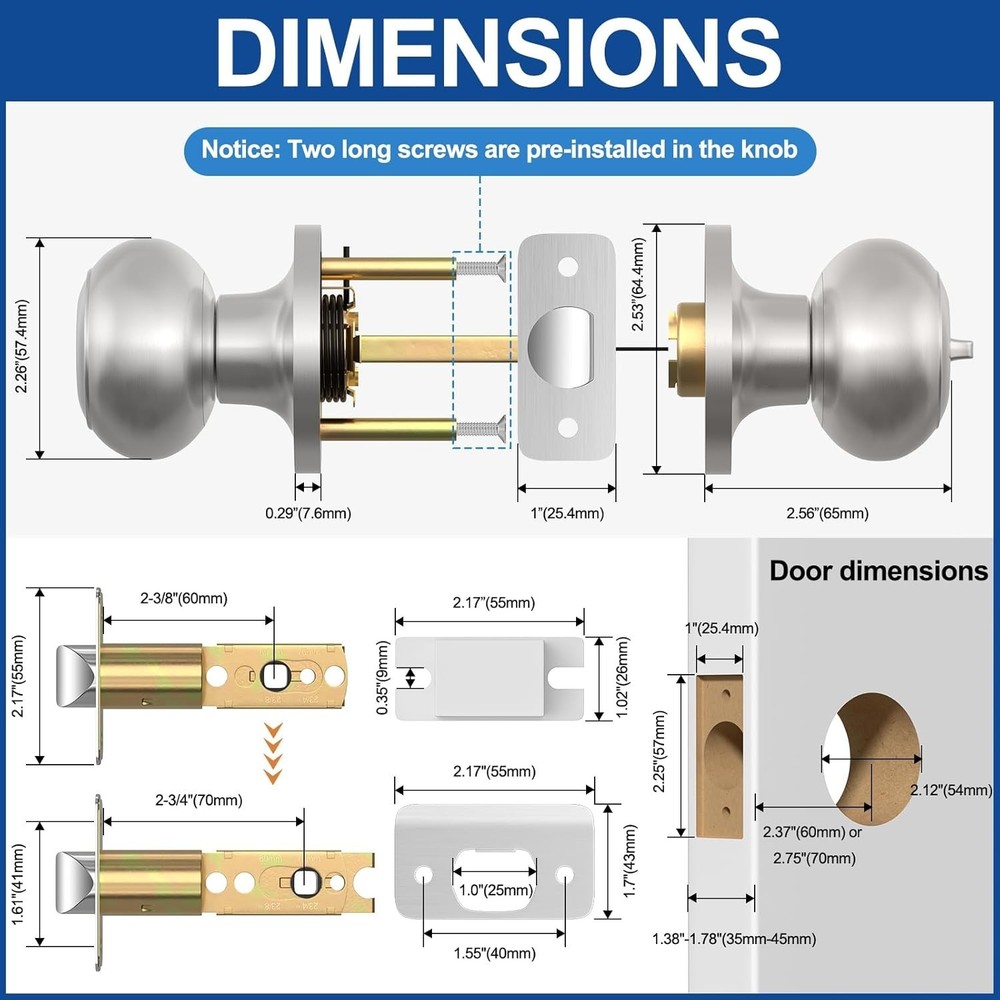 Privacy Door Knob, Brushed Nickel Door Knobs Interior Keyless Locks Set6 Pack