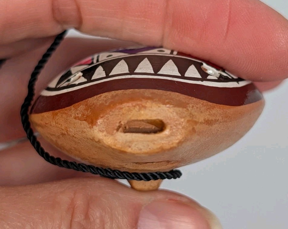 Vintage Handpainted Clay Peruvian Wind Flute / Whistle On Corded Necklace