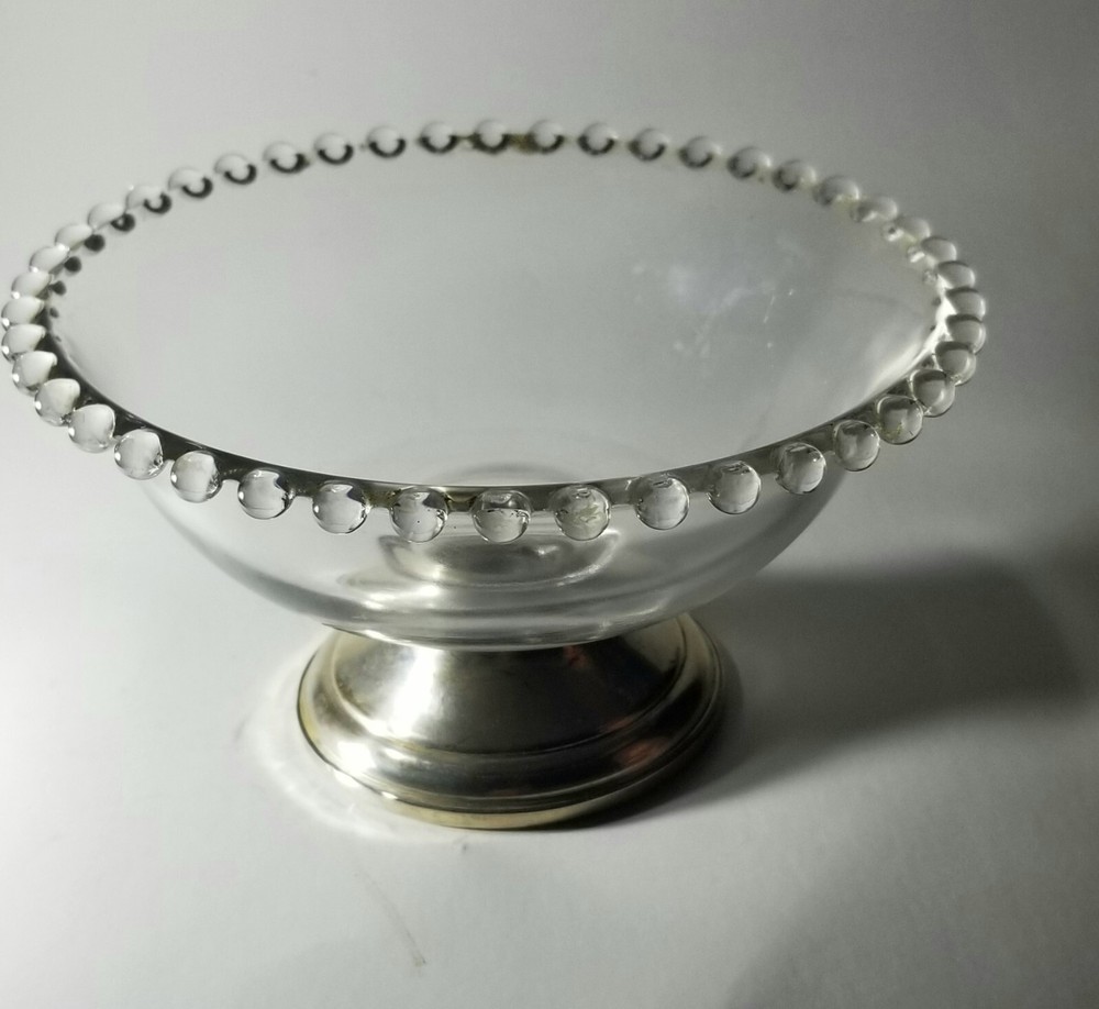 CROWN Sterling Silver Weighted Compote Silver Base Glass Dish Bowl, Nubby Edged